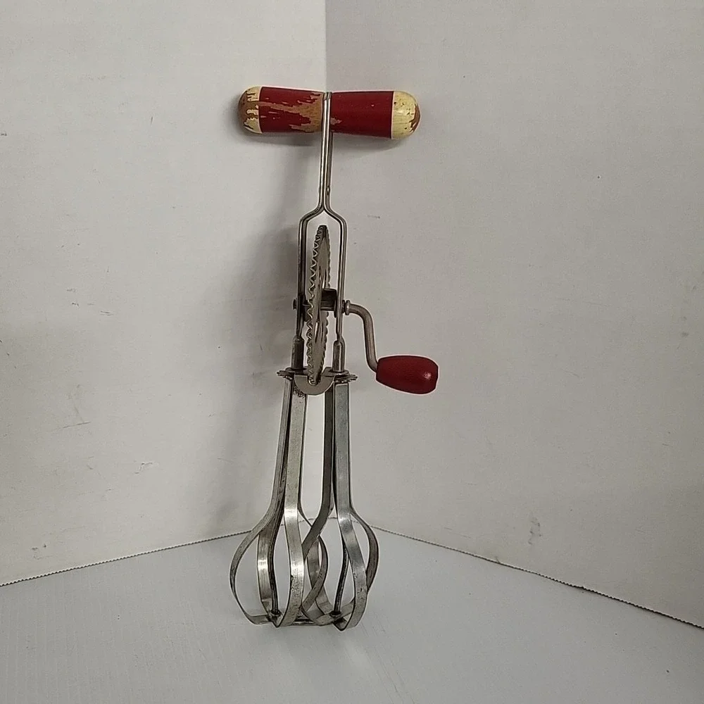 Vintage Farmhouse Kitchen Utensil Red Wood Handle High Speed Egg Beater Mixer
